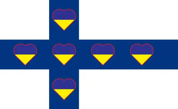 Vector illustration of A heart painted in the colors of the flag of Ukraine on the flag of Finland. Illustration of a blue and yellow heart on the national symbol.