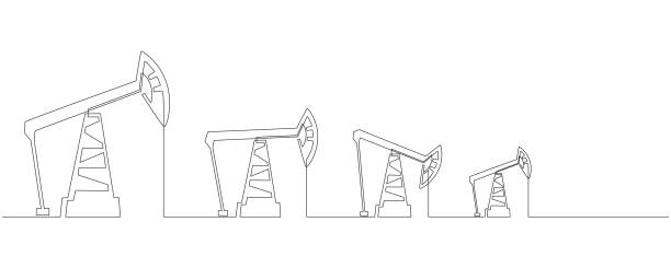 Oil pumps jacks of One continuous line drawing. Drilling rigs petroleum production and trade industry in simple linear style. Non-renewable energy concept. Editable stroke. Vector illustration Oil pumps jacks of One continuous line drawing. Drilling rigs petroleum production and trade industry in simple linear style. Non-renewable energy concept. Editable stroke. Vector illustration. nonrenewable resources stock illustrations