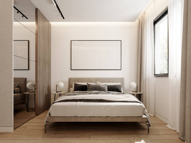 istock Modern beige bedroom interior with empty white picture frame 1389371611
