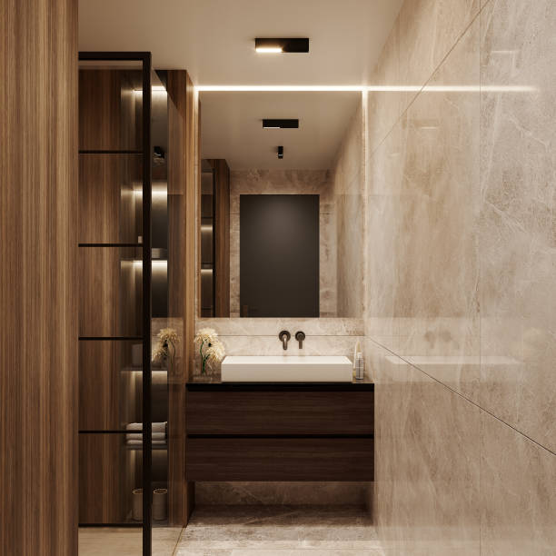 istock Modern bathroom interior design with marble wall and natural wood details 1389371613