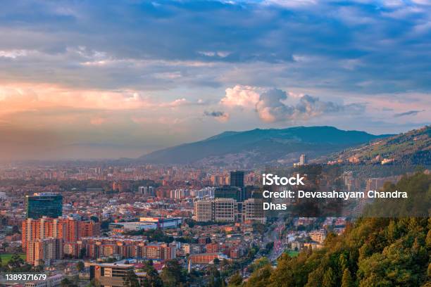 Bogota Colombia High Angle Panoramic View Of The Barrio De Usaquén In The Capital City As Viewed From La Calera On The Andes Mountains At Sunset Stock Photo - Download Image Now