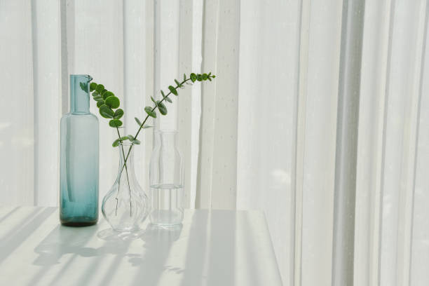 istock Glassware reflect sunlight shadow effect, Summer still life scene, Transparent glittering glasses of water, Warm light vibe in sunny day. 1389374844