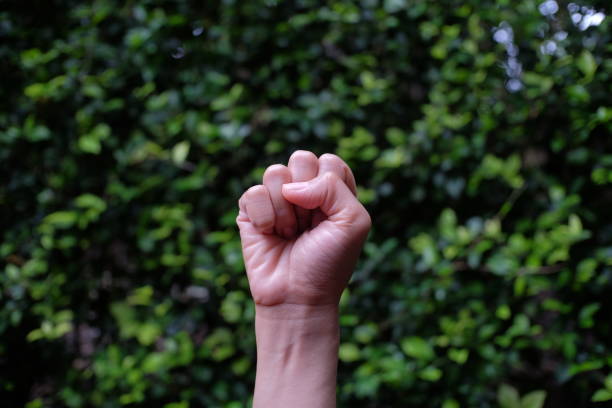 les mains des femmes serrées dans les poings sur fond végétal vert - protestor protest sign strike photos et images de collection