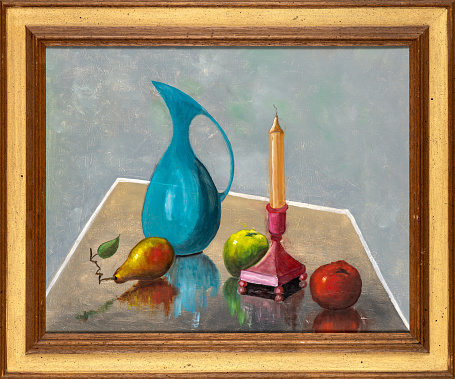 Colorful vintage still life oil painting with water jug, a pear, apples, and a candle.