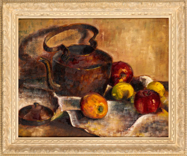teekanne mit äpfeln und zitronen stillleben malerei - kunst und handwerkserzeugnis stock-fotos und bilder