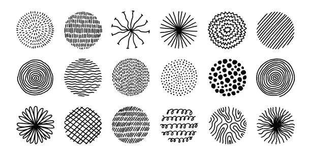 Vector illustration of Hand drawn circles with doodle texture. Modern abstract set black round shape with lines, circles, drops. Hand drawn organic doodle shapes. Colletion vector illustrations isolated on white background