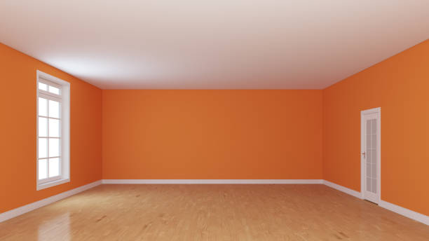 istock Empty Room whith Bright Orange Stucco Walls, Light Glossy Parquet Floor, Plinth 1389382237