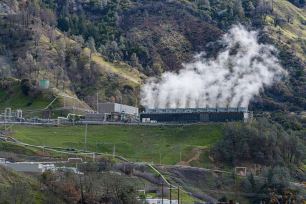 Power plants and steam cooling units at the Geysers  the world's largest geothermal field, containing a complex of 18 geothermal power plants, drawing steam from more than 350 wells, located in the Mayacamas Mountains stock photo