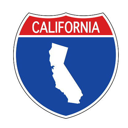 .Vector illustration of a red, white and blue California map road sign.