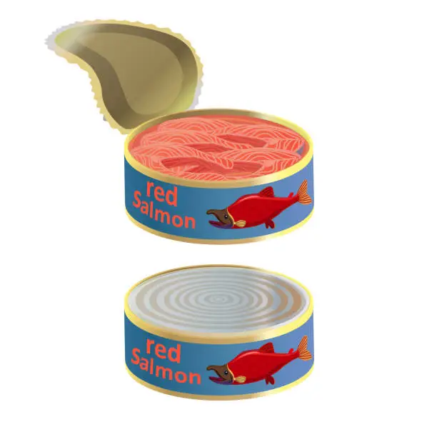Vector illustration of Canned red salmon. Canned sea food with painted red salmon on it. Round iron cans. Open and closed lid. Vector set.