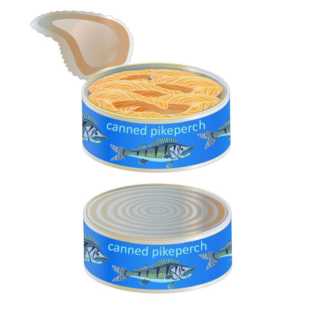 istock Pike perch canned. Canned food with painted pike perch. Open and closed. Vector set. 1389384275