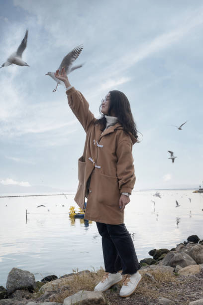 girl who feeds the seagulls on the beach