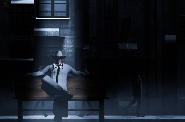 detective masculino con traje y sombrero sentado en la calle. - cine negro fotografías e imágenes de stock
