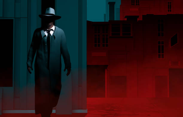 Detective male in suit and hat on street. 3d render illustration of noir style detective or gangster male in suit and hat standing on neon street night background. film noir style stock pictures, royalty-free photos & images