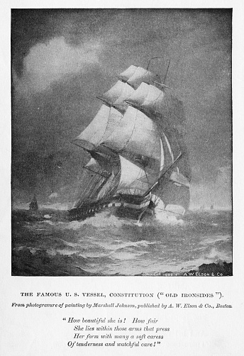 A photogravure of a painting by artist Marshall Johnson (AW Elson & Col, Boston) of naval vessel USS Constitution “Old Ironsides.” Photo published in an 1898 literature book. Copyright has expired and is in Public Domain.