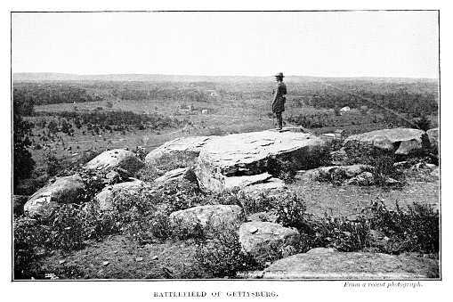 1898 Photo of a man in historical military uniform and sword at the Gettysburg battlefield, when the Union army defeated the Confederate soldiers, is considered the turning point of the American Civil War. The most casualties in one battle occurred July 1–3, 1863 at Gettysburg, Pennsylvania. Photo published in an 1898 literature book. Copyright has expired and is in Public Domain.