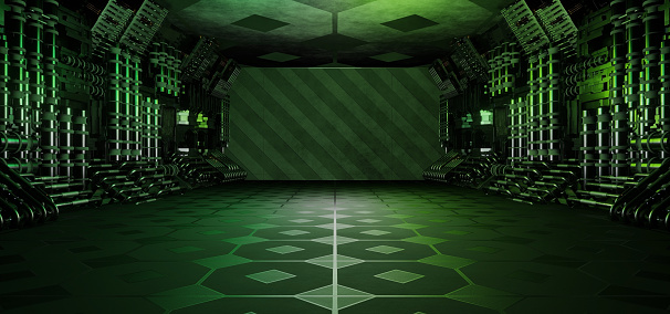 Modern Futuristic CyberSteampunk Cyber Hall Studio Cyber Future Stage Corridor Revolutionary Olive Green Futuristic Architechture 3D Illustration