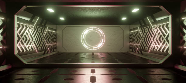 istock Robotoc Parking Underground Car Warehouse Garage Studio Rough Modern Reflective Spaceship Tunnel Corridor Showcase Innovative Dark with Silver Colors Futuristic Architechture 3D Illustration 1389402977