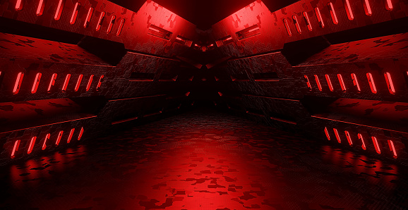 Abstract Scifi Grungy Metallic Empty Tunnel Hallway Gate Dark Red Banner Background Wallpaper Futuristic Architechture For Graphic Design 3D Illustration