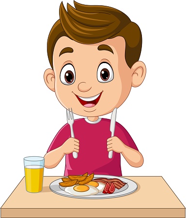 Vector illustration of Cartoon little boy eating breakfast