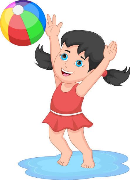 illustrations, cliparts, dessins animés et icônes de petite fille jouant avec une balle gonflable - preschooler playing family summer