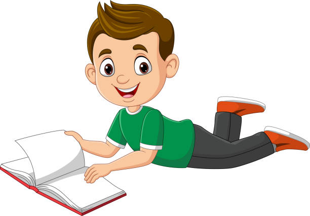 ilustrações de stock, clip art, desenhos animados e ícones de happy little boy laying and reading a book - book sheet education student