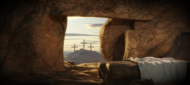 Resurrección Feliz Pascua Él es Resucitado Luz En La Tumba Vacía Con Crucifixión Al Amanecer photo
