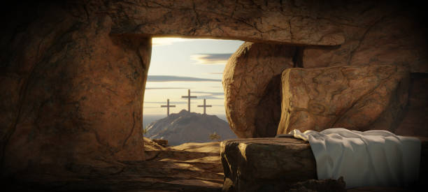 resurrección feliz pascua él es resucitado luz en la tumba vacía con crucifixión al amanecer - tomb fotografías e imágenes de stock