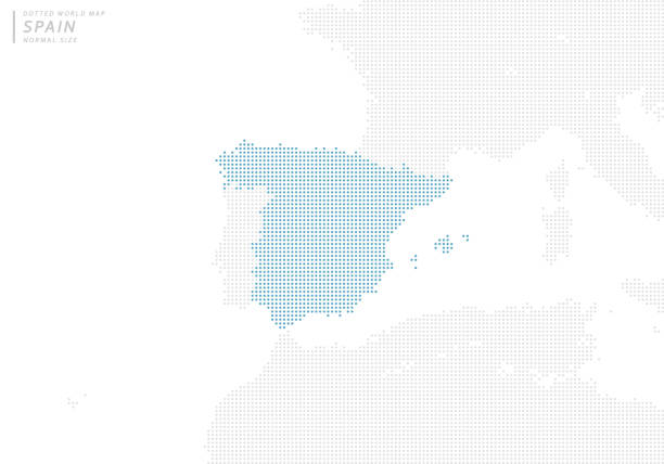mapa z niebieskimi kropkami skoncentrowana na hiszpanii. - france gibraltar stock illustrations