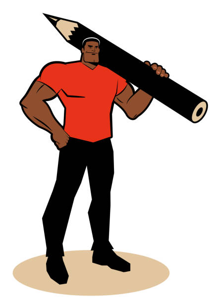 ilustrações, clipart, desenhos animados e ícones de um homem forte sorri e carrega um grande lápis em seu ombro e fica com um punho no quadril - apresentador do noticiário