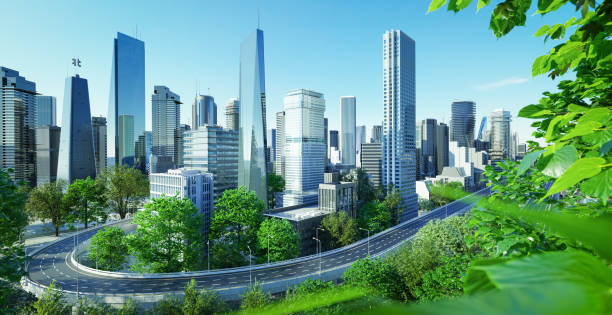 Virtual design green cityscape skyline with curvy highway road at beautiful daytime view. 3d rendering
