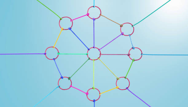 Colorful as diverse ropes connected together. Concept or metaphor of teamwork, collaboration and partnership successful
