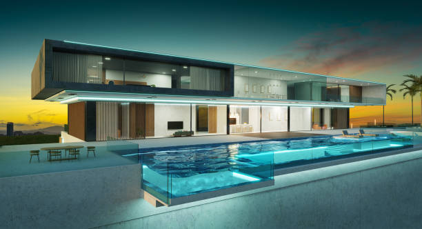 Luxury villa exterior design with beautiful infinity pool stock photo