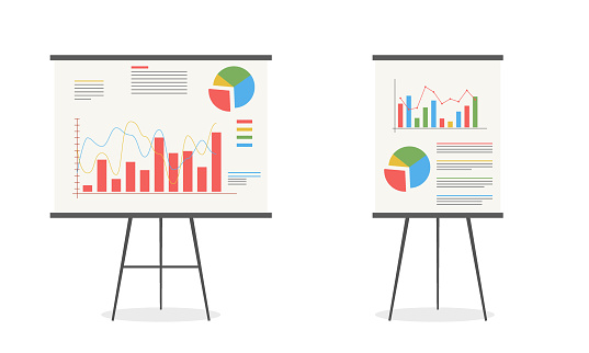 Set of graphs on the whiteboard. Statistics data analysis business