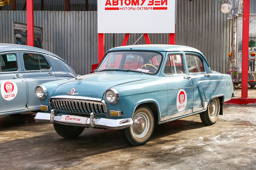 Moscow, Russia - March 6, 2022: Soviet luxury car GAZ 21 Volga in the Car History Museum.