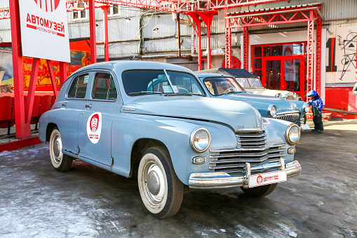 Moscow, Russia - March 6, 2022: Soviet luxury car GAZ-M-20 Pobeda in the Car History Museum.