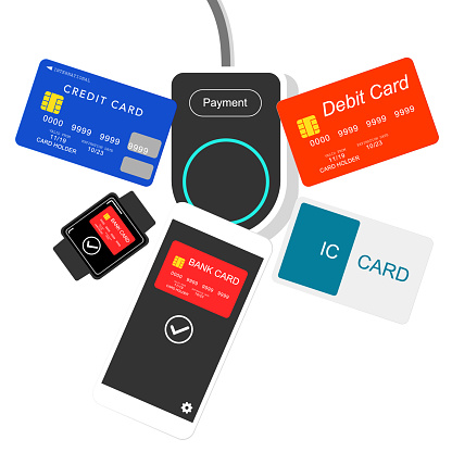 Most Popular Types Of Cashless Payments. Debit and credit cards, mobile payments, smartwatch and ic card.