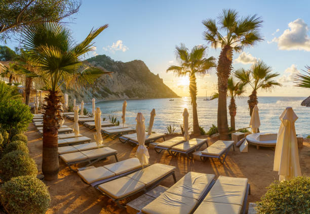 Landscape with Sol d'en Serra beach, Ibiza Landscape with Sol d'en Serra beach at sunrise time, Ibiza islands, Spain ibiza island stock pictures, royalty-free photos & images