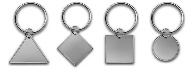 istock Metal keyring with different chain, leather keychain, holder trinket for key with metal ring. Silver colored accessories. Realistic template metal keychain set. Blank accessory for corporate identity. 1389415917