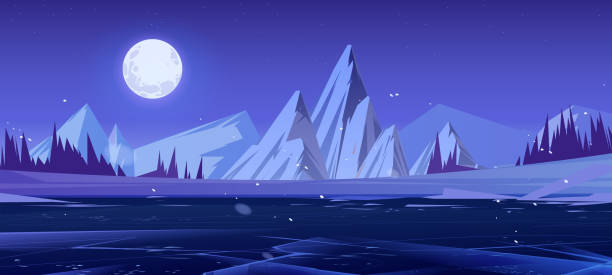 bildbanksillustrationer, clip art samt tecknat material och ikoner med winter landscape with ice and mountains at night - fjäll sjö sweden