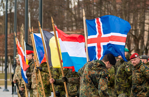Vilnius, Lithuania - March 29 2022: Flags of various European countries, Iceland, Netherlands, Belgium, Czech Republic, Poland, members of NATO force integration unit based in the Baltic States in Vilnius, Lithuania