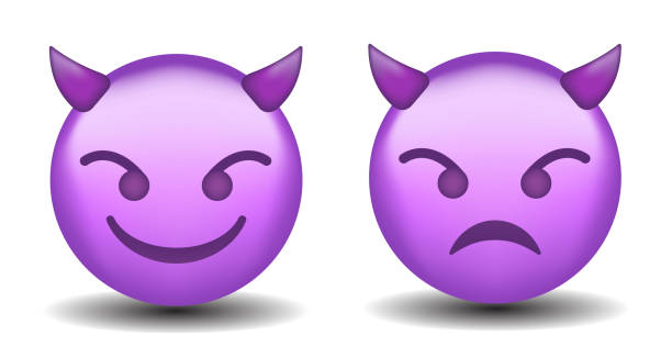 Purple face devil emoji vector illustration Emoji set. High quality emoticon smiling with horns, devil emoji isolated on white background. Purple face devil emoji vector illustration. 3d illustration. devil costume stock illustrations