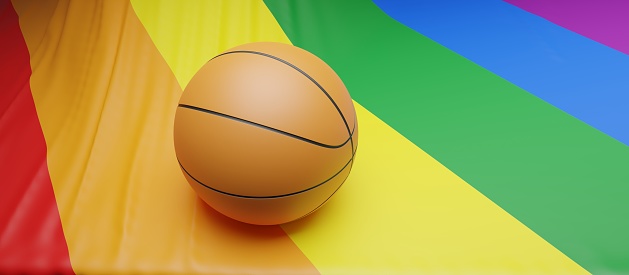 Basketball on rainbow LGBT color background, close up view, Gay basketball sport event, copy space. 3d render