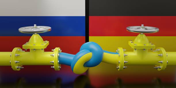 istock Gas conflict between Germany and Russia. Fuel pipeline with a knot. 3d render 1389423112