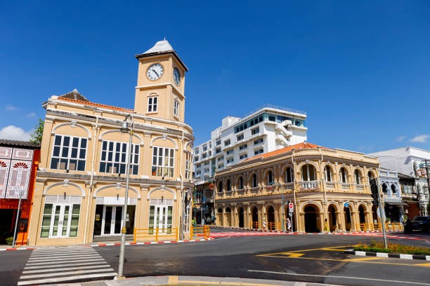 istock Old clock tower in Phuket old town, Thailand, architecture design 1389424208