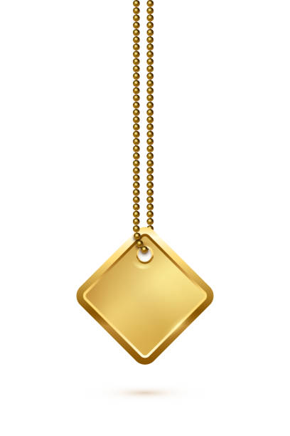 Empty rectangle gold military or dogs badge hanging on steel chain. Vector army object isolated on white background. Pendant with blank space for identification, blood type in case of death and injury Empty rectangle gold military or dogs badge hanging on steel chain. Vector army object isolated on white background. Pendant with blank space for identification, blood type in case of injury vietnam dog tags stock illustrations