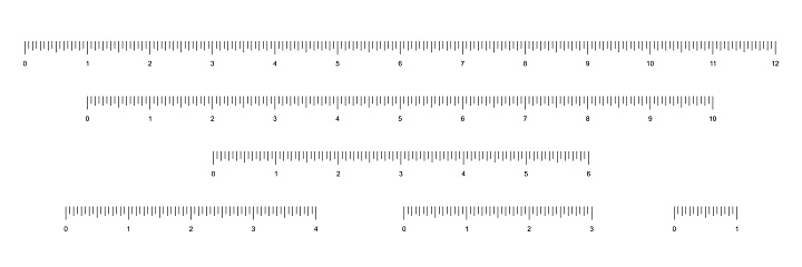 Set of rulers to measure length in inches vector illustration. Simple school instrument with English system measures scales for measurement 12, 10, 6, 4, 3, 1 inches, collection for math background