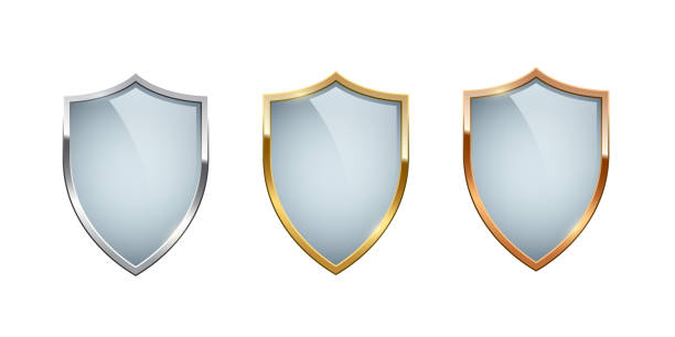 3d shield set with glass, crystal or acrylic cover and gold, silver and copper frame 3d shield set with glass, crystal or acrylic cover and gold, silver and copper frame vector illustration. Realistic emblem of strong digital protection, security screen to protect against weapons shielding stock illustrations