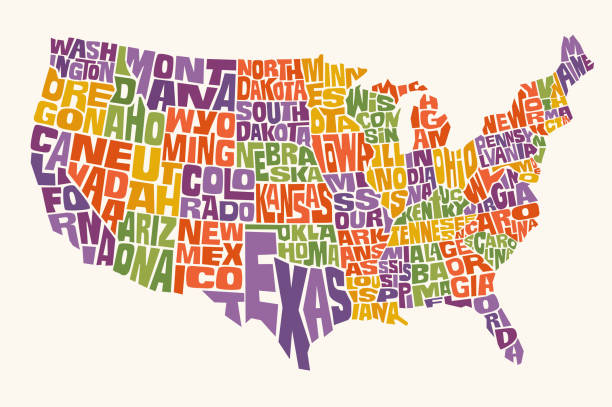 illustrazioni stock, clip art, cartoni animati e icone di tendenza di mappa degli stati uniti con nomi a forma di ogni stato. elementi di design della mappa colorati. - southern usa