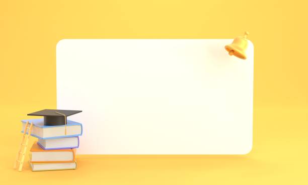 istock White board, empty poster with stack books, graduation cap, ladder and bell. Concept back to school, education, university and college study. Realistic 3d render blank frame on yellow background 1389430463